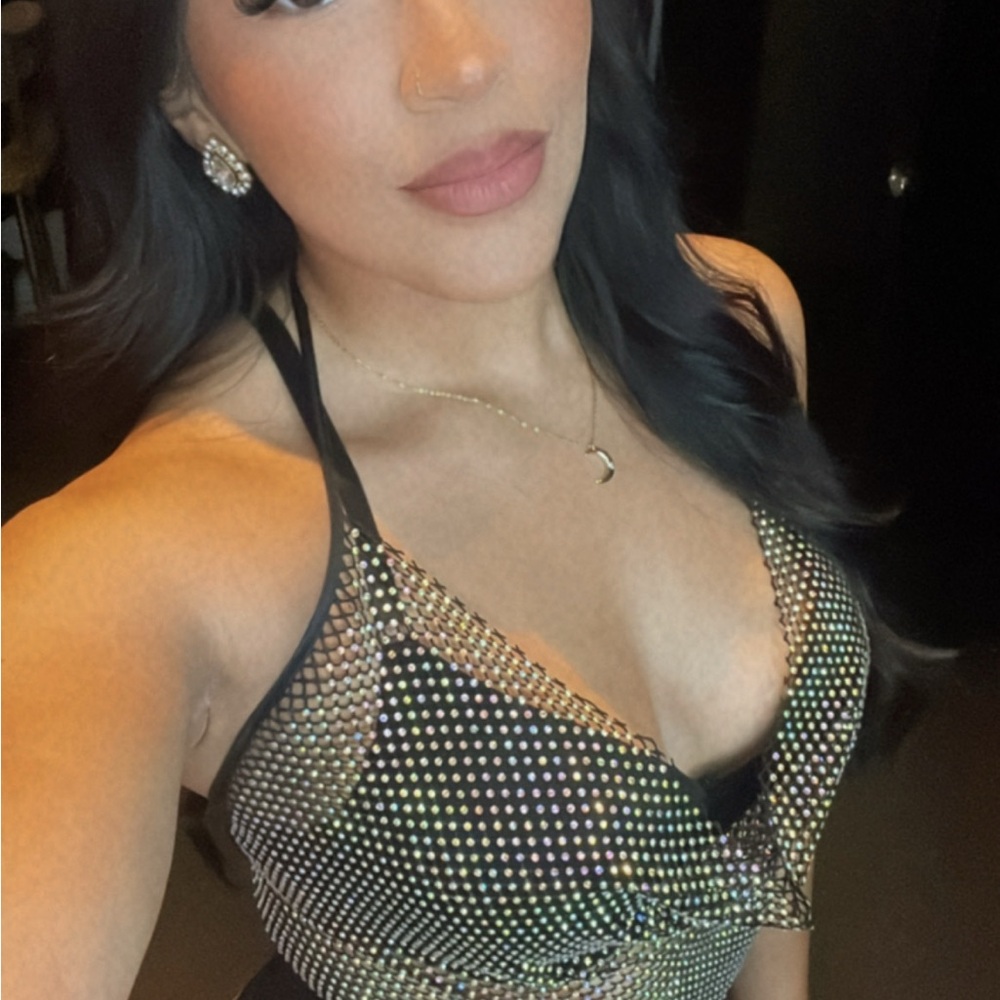 Fashion Nova Black and Gold Rhinestone Blouse